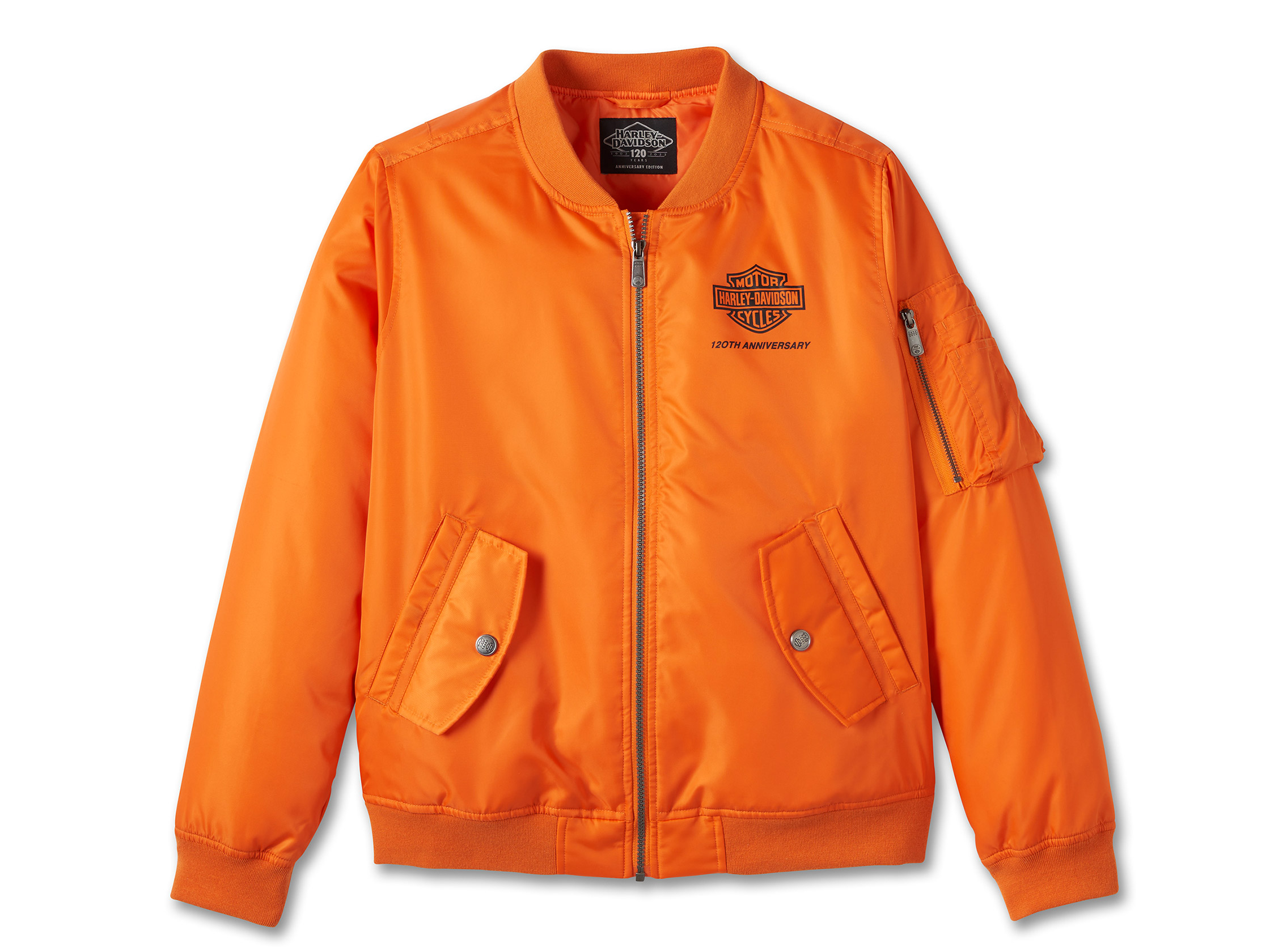 Women s 120th Anniversary Bomber Jacket Orange 97557 23VW Seasonal Goods House of Flames Harley Davidson