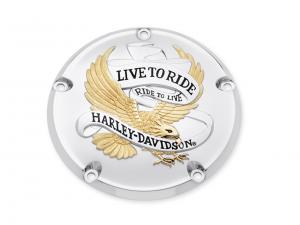 HARLEY-DAVIDSON® LIVE TO RIDE COLLECTION -<br />GOLD - Derby Cover - Fits '99-later Evolution" 1340, '99-later Dyna® and Softail®<br />and '99-'1...