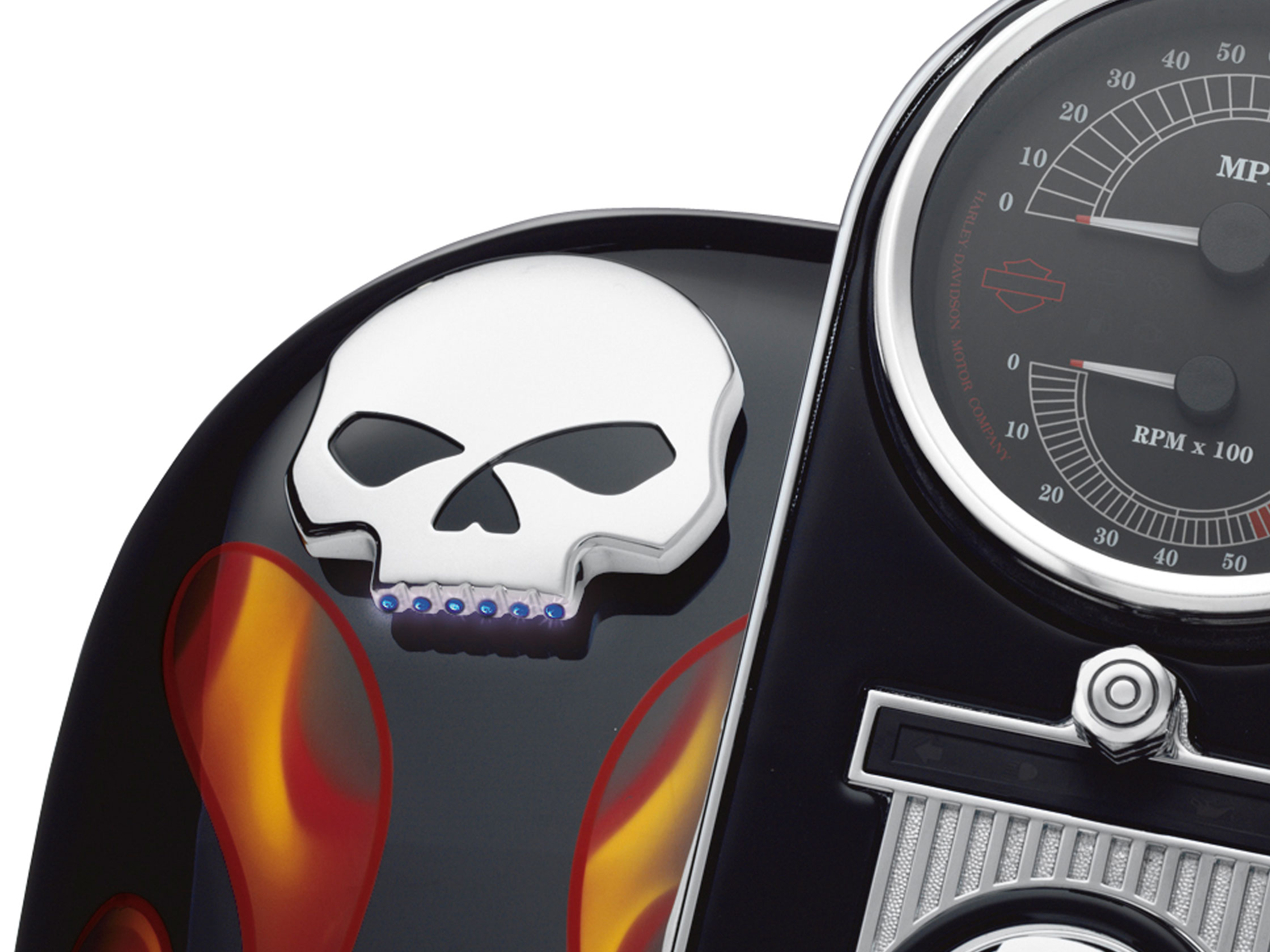 LED-TANKANZEIGE - SKULL KOLLEKTION* - Softail & Road King ab '08 & Dyna ab  '09 75098-08A / Tankdeckel & medaillons / Multi-fit / Teile & Zubehör / -  House-of-Flames Harley-Davidson