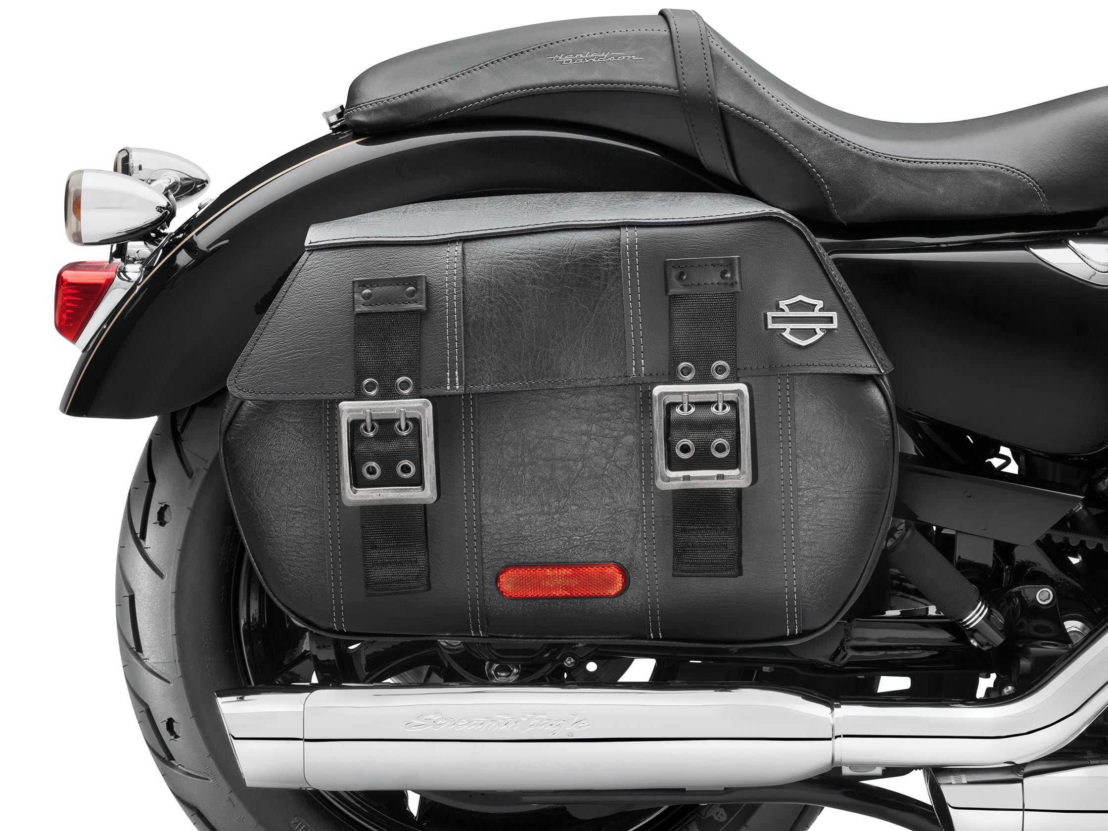 DISTRESSED BLACK LEATHER SADDLEBAGS 90201306 Saddlebags Sportster Parts Accessories House of Flames Harley Davidson