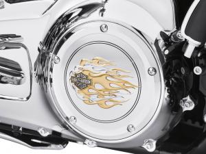 FLAMES COLLECTION - GOLD & CHROME -  Derby Cover - <br />Fits '16-later Touring and Trike, and '15-later FLHTCUL and<br />FLHTKL models 25700474